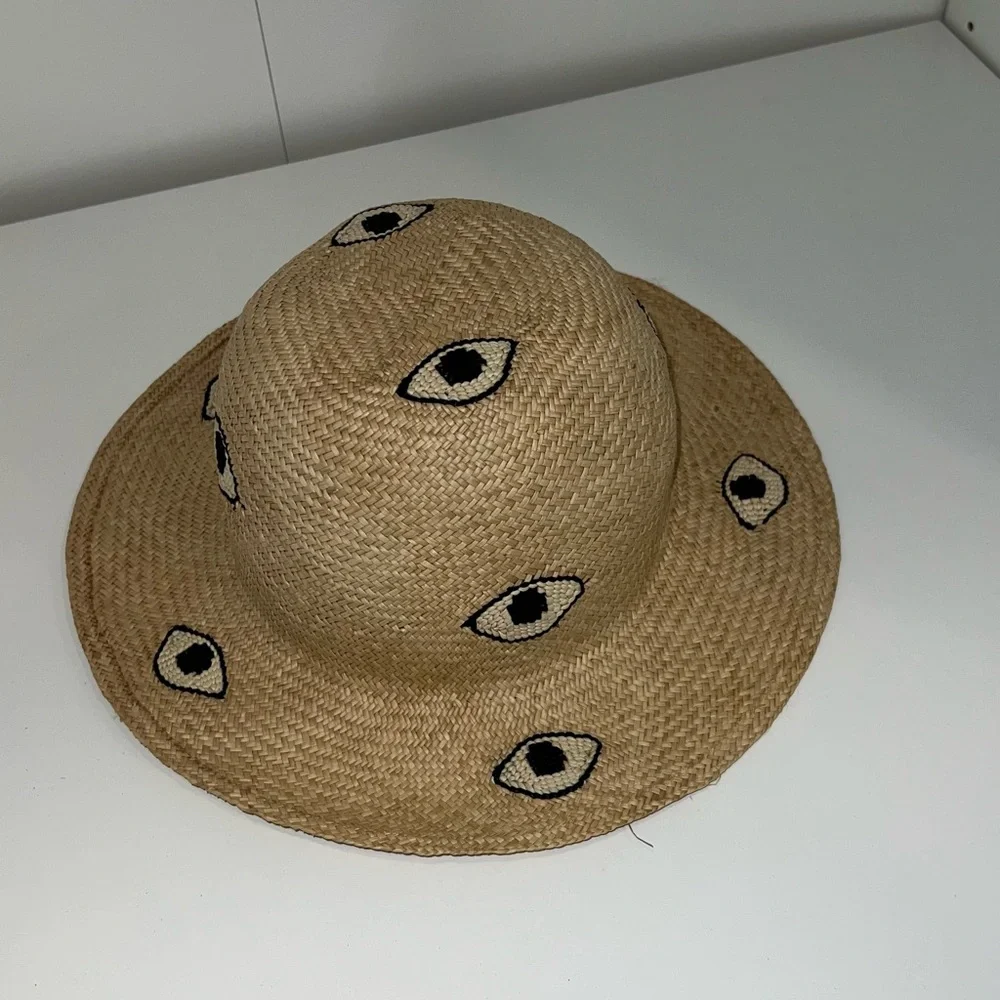Kids Tan Straw Hat with Eye Design - Picture 1 of 3